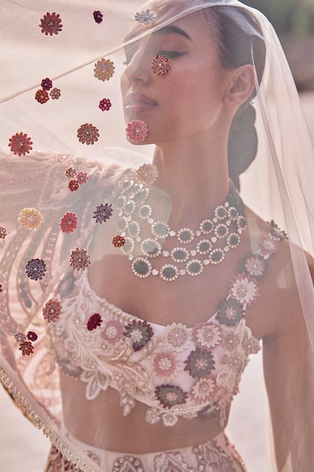 Shop Ridhima Bhasin Ivory Organza, Crepe Cut Work, Pearls, Beads, 3d Blossom Patchwork Lehenga Set Online at Aza Fashions Shop_Ridhima Bhasin_Ivory Organza, Crepe Cut Work, Pearls, Beads, 3d Blossom Patchwork Lehenga Set _Online_at_Aza_Fashions