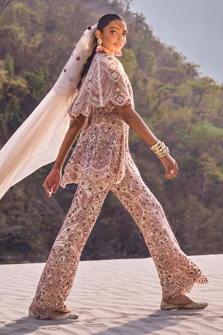 Ridhima Bhasin_Ivory Net Cut Work, Sequins, Beads Sweetheart Neck Embroidered Cape And Pant Set _Online_at_Aza_Fashions