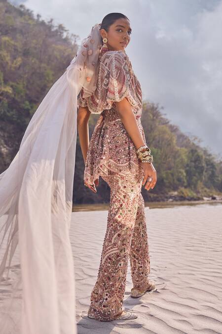 Buy_Ridhima Bhasin_Ivory Net Cut Work, Sequins, Beads Sweetheart Neck Embroidered Cape And Pant Set _Online_at_Aza_Fashions