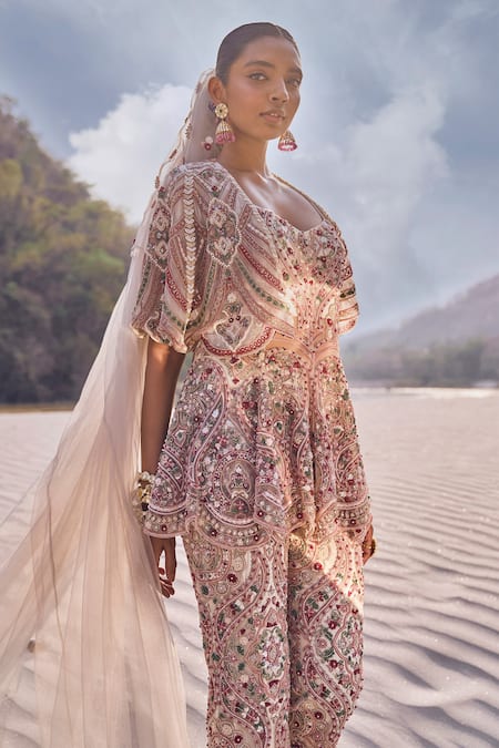 Shop_Ridhima Bhasin_Ivory Net Cut Work, Sequins, Beads Sweetheart Neck Embroidered Cape And Pant Set _Online_at_Aza_Fashions