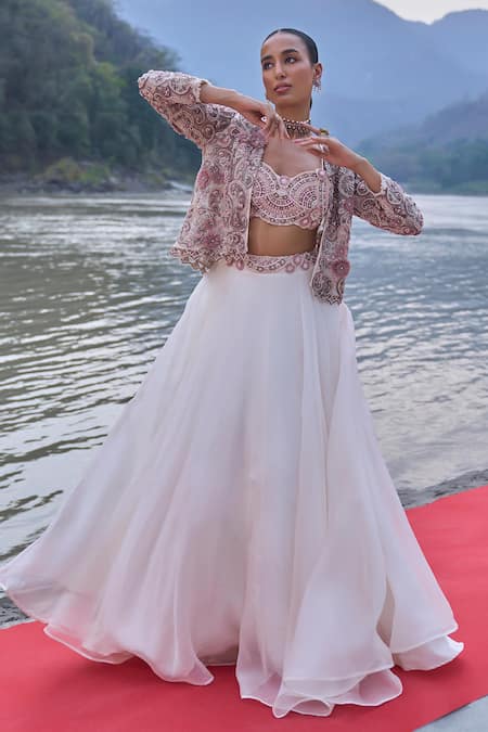 Shop Ridhima Bhasin Ivory Organza, Net Cut Work, Sequins, 3d Embroidered Jacket And Lehenga Set at Aza Fashions Shop_Ridhima Bhasin_Ivory Organza, Net Cut Work, Sequins, 3d Embroidered Jacket And Lehenga Set _at_Aza_Fashions