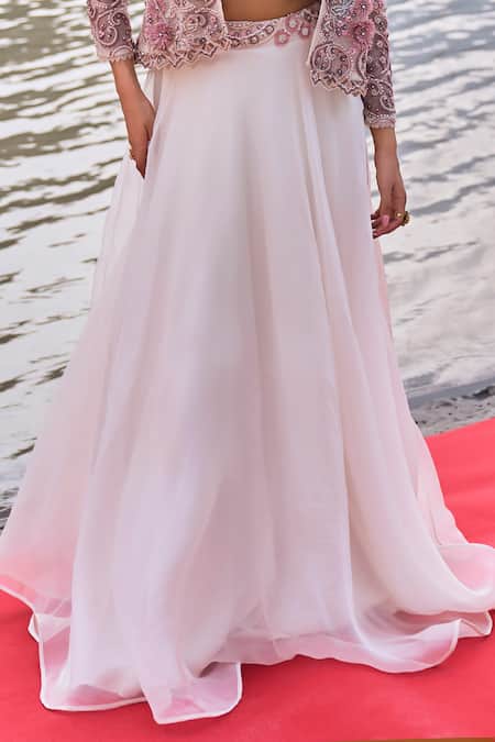 Ridhima Bhasin Ivory Organza, Net Cut Work, Sequins, 3d Embroidered Jacket And Lehenga Set Online at Aza Fashions Ridhima Bhasin_Ivory Organza, Net Cut Work, Sequins, 3d Embroidered Jacket And Lehenga Set _Online_at_Aza_Fashions