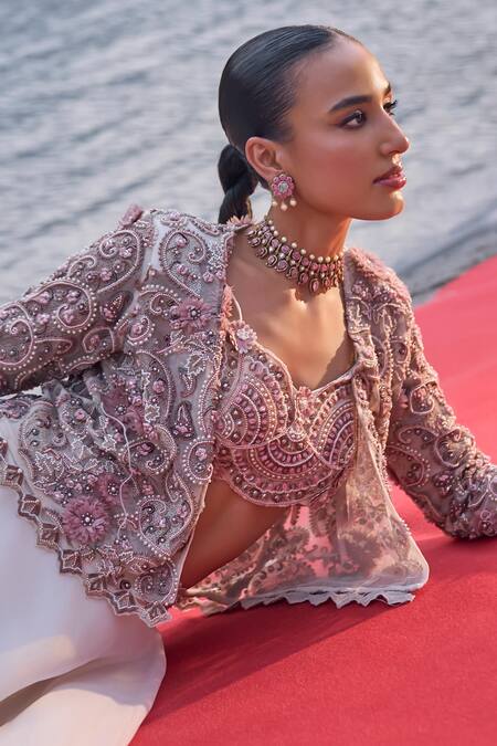 Buy Ridhima Bhasin Ivory Organza, Net Cut Work, Sequins, 3d Embroidered Jacket And Lehenga Set Online at Aza Fashions Buy_Ridhima Bhasin_Ivory Organza, Net Cut Work, Sequins, 3d Embroidered Jacket And Lehenga Set _Online_at_Aza_Fashions
