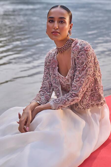 Shop Ridhima Bhasin Ivory Organza, Net Cut Work, Sequins, 3d Embroidered Jacket And Lehenga Set Online at Aza Fashions Shop_Ridhima Bhasin_Ivory Organza, Net Cut Work, Sequins, 3d Embroidered Jacket And Lehenga Set _Online_at_Aza_Fashions