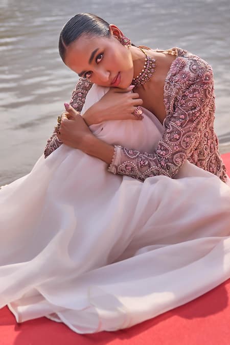 Ridhima Bhasin Ivory Organza, Net Cut Work, Sequins, 3d Embroidered Jacket And Lehenga Set at Aza Fashions Ridhima Bhasin_Ivory Organza, Net Cut Work, Sequins, 3d Embroidered Jacket And Lehenga Set _at_Aza_Fashions