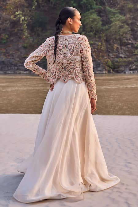 Shop_Ridhima Bhasin_Ivory Organza, Crepe Embroidery, Sequins, Cut Work, 3d Floret Jacket And Lehenga _at_Aza_Fashions