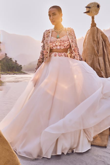 Ridhima Bhasin_Ivory Organza, Crepe Embroidery, Sequins, Cut Work, 3d Floret Jacket And Lehenga _Online_at_Aza_Fashions