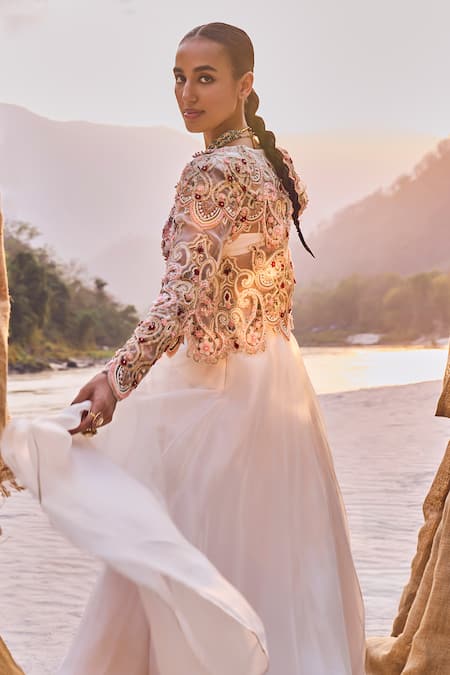 Buy_Ridhima Bhasin_Ivory Organza, Crepe Embroidery, Sequins, Cut Work, 3d Floret Jacket And Lehenga _Online_at_Aza_Fashions