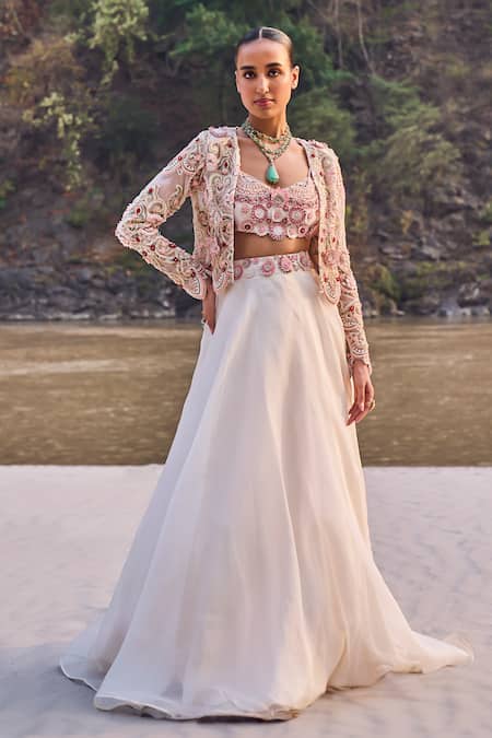 Shop_Ridhima Bhasin_Ivory Organza, Crepe Embroidery, Sequins, Cut Work, 3d Floret Jacket And Lehenga _Online_at_Aza_Fashions