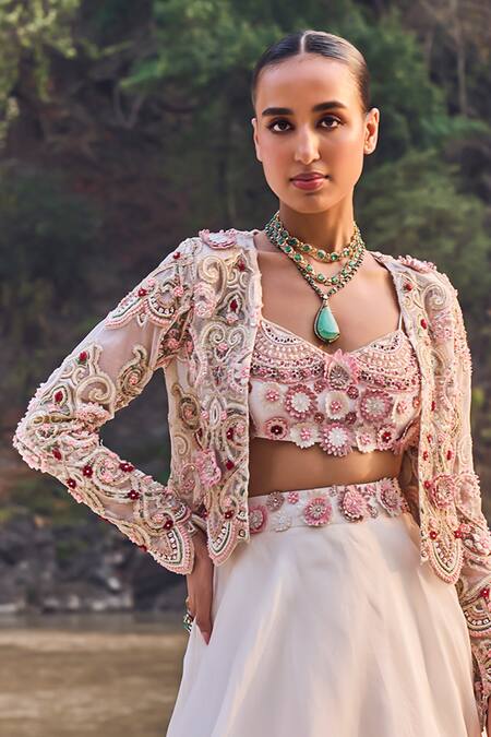 Ridhima Bhasin_Ivory Organza, Crepe Embroidery, Sequins, Cut Work, 3d Floret Jacket And Lehenga _at_Aza_Fashions
