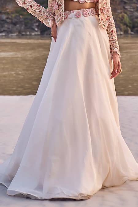 Buy_Ridhima Bhasin_Ivory Organza, Crepe Embroidery, Sequins, Cut Work, 3d Floret Jacket And Lehenga 