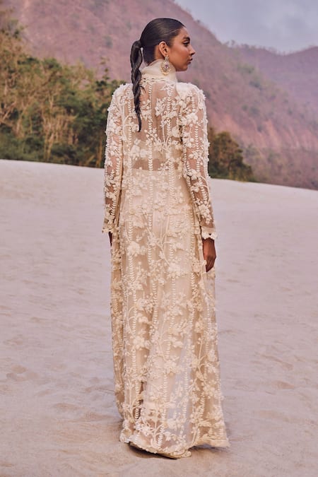 Shop_Ridhima Bhasin_Ivory Organza, Crepe Pearls, Lace 3d Embroidered Long Jacket And Pant Set _at_Aza_Fashions