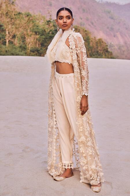 Ridhima Bhasin_Ivory Organza, Crepe Pearls, Lace 3d Embroidered Long Jacket And Pant Set _Online_at_Aza_Fashions