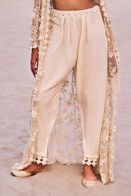 Buy_Ridhima Bhasin_Ivory Organza, Crepe Pearls, Lace 3d Embroidered Long Jacket And Pant Set _Online_at_Aza_Fashions