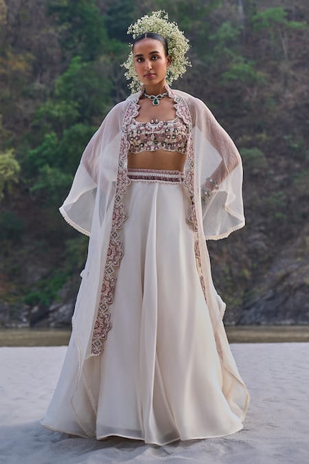 Ridhima Bhasin Ivory Organza Embroidery Cutdana Scoop Neck Cape And Lehenga Set 