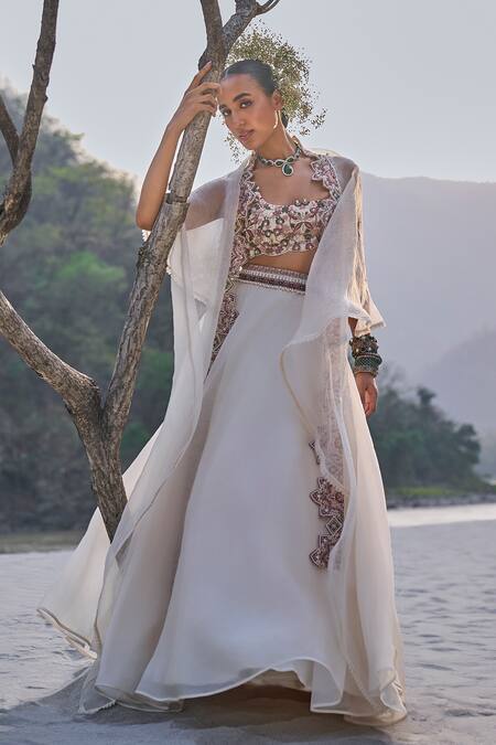 Ridhima Bhasin_Ivory Organza Embroidery, Sequins, Cut Work Scoop Neck Cape And Lehenga Set _Online_at_Aza_Fashions
