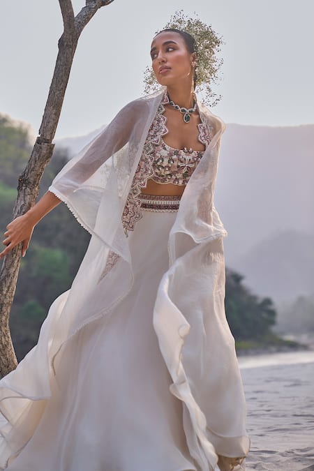 Buy_Ridhima Bhasin_Ivory Organza Embroidery, Sequins, Cut Work Scoop Neck Cape And Lehenga Set _Online_at_Aza_Fashions