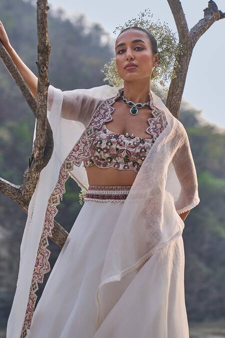 Shop_Ridhima Bhasin_Ivory Organza Embroidery, Sequins, Cut Work Scoop Neck Cape And Lehenga Set _Online_at_Aza_Fashions
