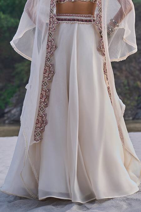 Ridhima Bhasin_Ivory Organza Embroidery, Sequins, Cut Work Scoop Neck Cape And Lehenga Set _at_Aza_Fashions