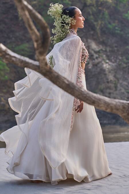 Buy_Ridhima Bhasin_Ivory Organza Embroidery, Sequins, Cut Work Scoop Neck Cape And Lehenga Set 