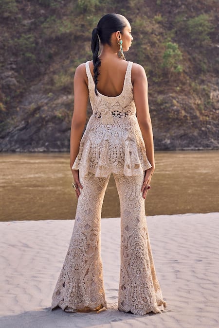 Shop_Ridhima Bhasin_Ivory Net Sequins Square Neck Persian Bloom Embroidered Peplum Kurta Set _at_Aza_Fashions