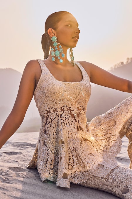 Ridhima Bhasin_Ivory Net Sequins Square Neck Persian Bloom Embroidered Peplum Kurta Set _Online_at_Aza_Fashions