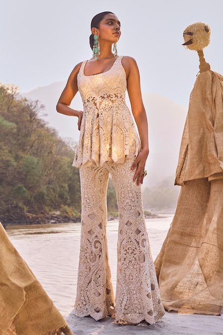Buy_Ridhima Bhasin_Ivory Net Sequins Square Neck Persian Bloom Embroidered Peplum Kurta Set _Online_at_Aza_Fashions