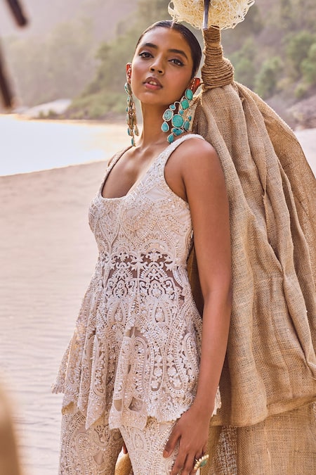 Shop_Ridhima Bhasin_Ivory Net Sequins Square Neck Persian Bloom Embroidered Peplum Kurta Set _Online_at_Aza_Fashions