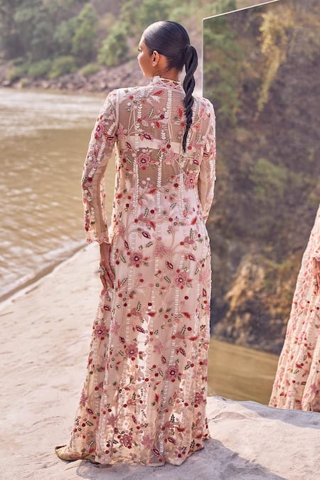 Shop_Ridhima Bhasin_Ivory Organza, Crepe Embroidery, Pearls, Cut Gardenia Bloom Jacket And Pant Set _at_Aza_Fashions