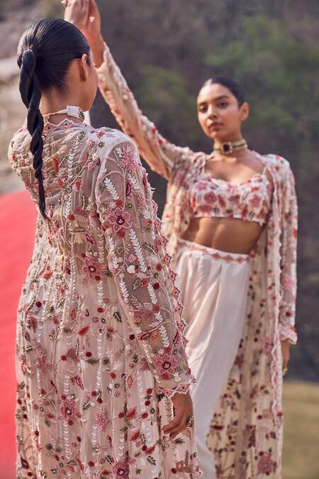 Ridhima Bhasin_Ivory Organza, Crepe Embroidery, Pearls, Cut Gardenia Bloom Jacket And Pant Set _Online_at_Aza_Fashions
