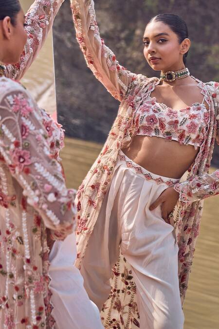 Buy_Ridhima Bhasin_Ivory Organza, Crepe Embroidery, Pearls, Cut Gardenia Bloom Jacket And Pant Set _Online_at_Aza_Fashions