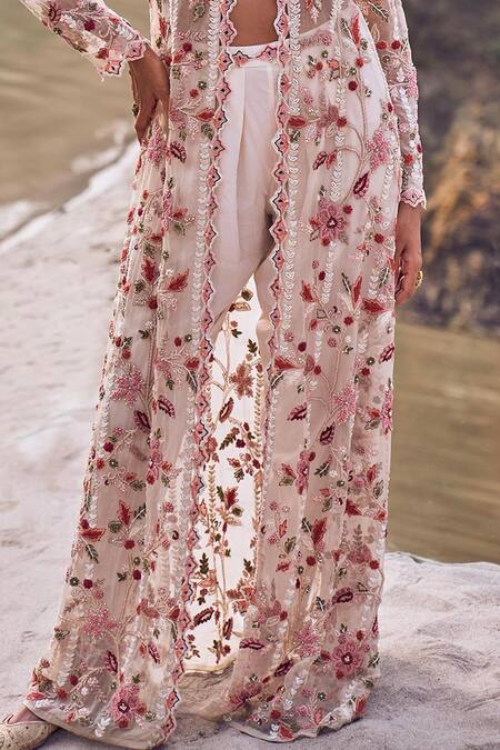 Shop_Ridhima Bhasin_Ivory Organza, Crepe Embroidery, Pearls, Cut Gardenia Bloom Jacket And Pant Set _Online_at_Aza_Fashions