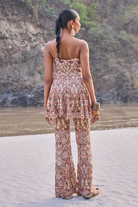 Shop_Ridhima Bhasin_Ivory Net Cut Work, Pearls, French Bloom Embroidered Peplum Kurta And Sharara _at_Aza_Fashions