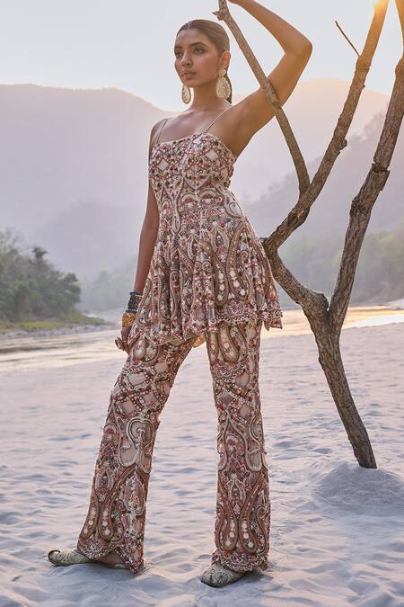 Ridhima Bhasin_Ivory Net Cut Work, Pearls, French Bloom Embroidered Peplum Kurta And Sharara _Online_at_Aza_Fashions