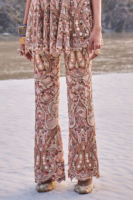 Shop_Ridhima Bhasin_Ivory Net Cut Work, Pearls, French Bloom Embroidered Peplum Kurta And Sharara _Online_at_Aza_Fashions