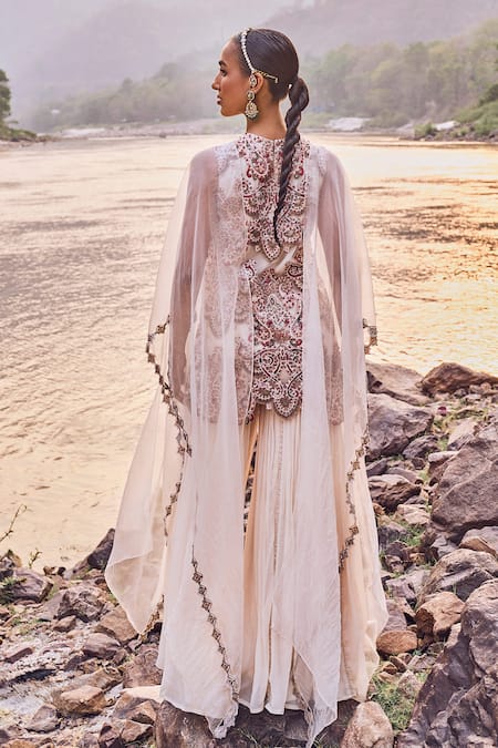 Shop_Ridhima Bhasin_Ivory Organza, Chiffon Cut Work, Fiore Embroidered Cape Kurta And Sharara Set _at_Aza_Fashions