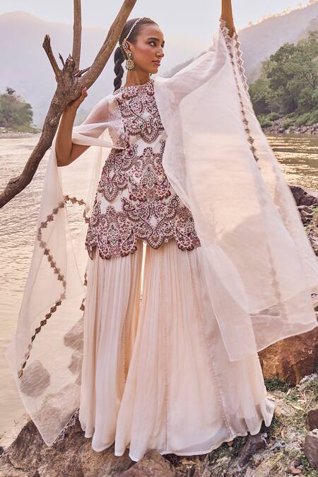 Buy_Ridhima Bhasin_Ivory Organza, Chiffon Cut Work, Fiore Embroidered Cape Kurta And Sharara Set _Online_at_Aza_Fashions