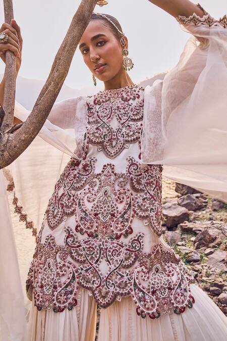 Shop_Ridhima Bhasin_Ivory Organza, Chiffon Cut Work, Fiore Embroidered Cape Kurta And Sharara Set _Online_at_Aza_Fashions
