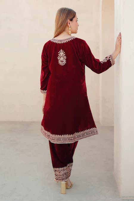 Sheetal Batra Maroon Kirandori Embroidered Kurta & Salwar Set 