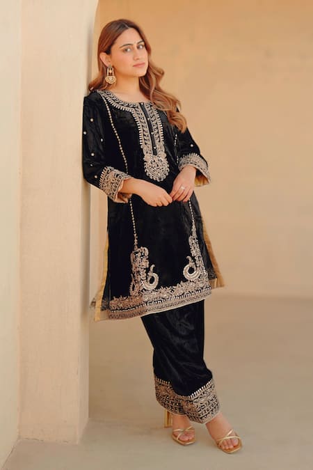 Buy Sheetal Batra Black Silk, Velvet Embroidery Round Neck Kirandori Kurta And Salwar Set Online at Aza Fashions Buy_Sheetal Batra_Black Silk, Velvet Embroidery Round Neck Kirandori Kurta And Salwar Set _Online_at_Aza_Fashions