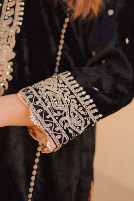 Shop Sheetal Batra Black Silk, Velvet Embroidery Round Neck Kirandori Kurta And Salwar Set Online at Aza Fashions Shop_Sheetal Batra_Black Silk, Velvet Embroidery Round Neck Kirandori Kurta And Salwar Set _Online_at_Aza_Fashions