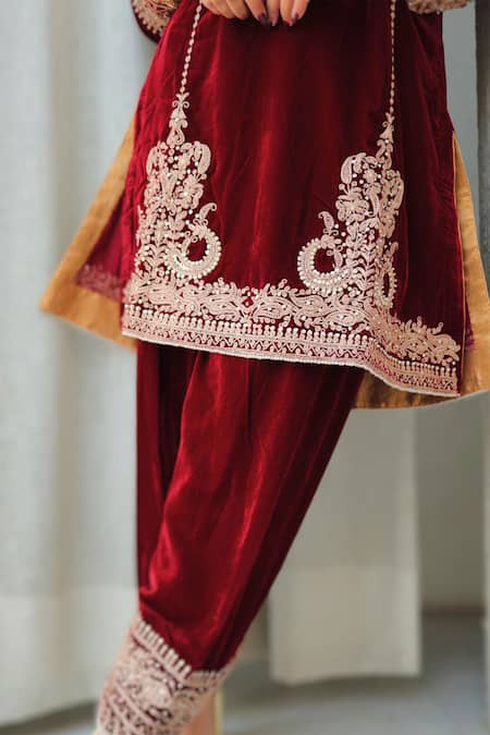 Buy Sheetal Batra Maroon Silk, Velvet Embroidery Round Neck Kirandori Kurta Set Online at Aza Fashions Buy_Sheetal Batra_Maroon Silk, Velvet Embroidery Round Neck Kirandori Kurta Set _Online_at_Aza_Fashions