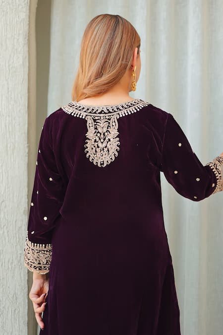 Shop Sheetal Batra Wine Silk, Velvet Embroidery Round Neck Kurta And Salwar Set at Aza Fashions Shop_Sheetal Batra_Wine Silk, Velvet Embroidery Round Neck Kurta And Salwar Set _at_Aza_Fashions
