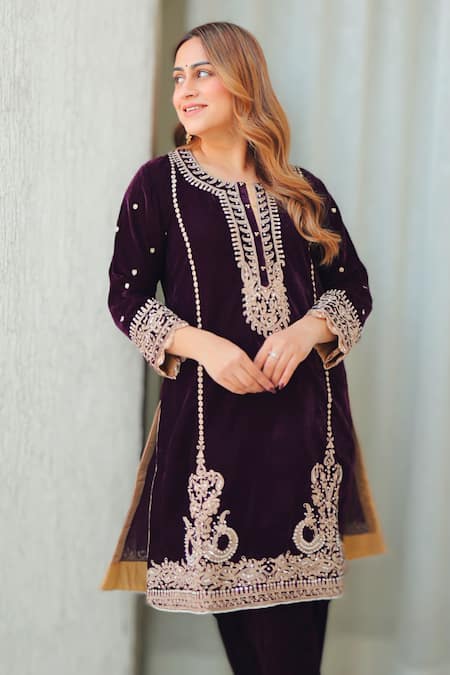 Sheetal Batra Wine Silk, Velvet Embroidery Round Neck Kurta And Salwar Set Online at Aza Fashions Sheetal Batra_Wine Silk, Velvet Embroidery Round Neck Kurta And Salwar Set _Online_at_Aza_Fashions