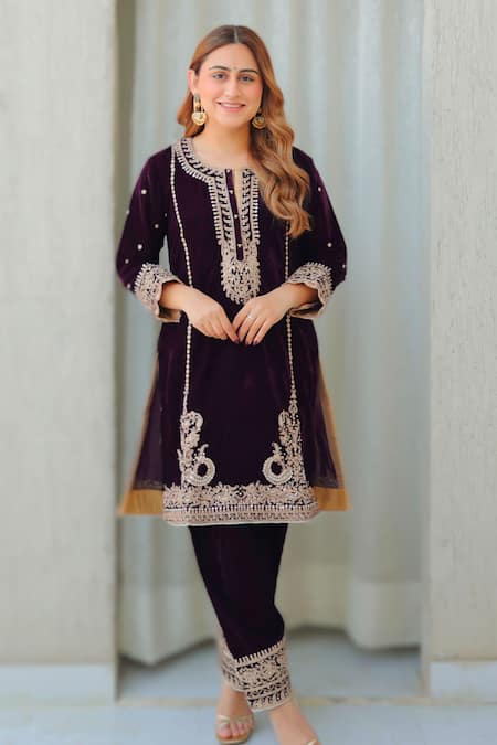 Shop Sheetal Batra Wine Silk, Velvet Embroidery Round Neck Kurta And Salwar Set Online at Aza Fashions Shop_Sheetal Batra_Wine Silk, Velvet Embroidery Round Neck Kurta And Salwar Set _Online_at_Aza_Fashions
