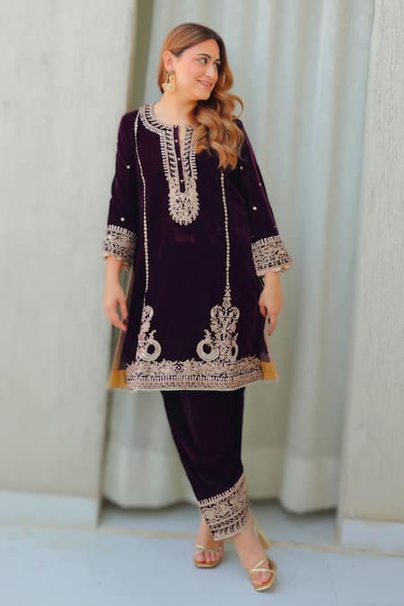 Sheetal Batra Wine Silk, Velvet Embroidery Round Neck Kurta And Salwar Set at Aza Fashions Sheetal Batra_Wine Silk, Velvet Embroidery Round Neck Kurta And Salwar Set _at_Aza_Fashions