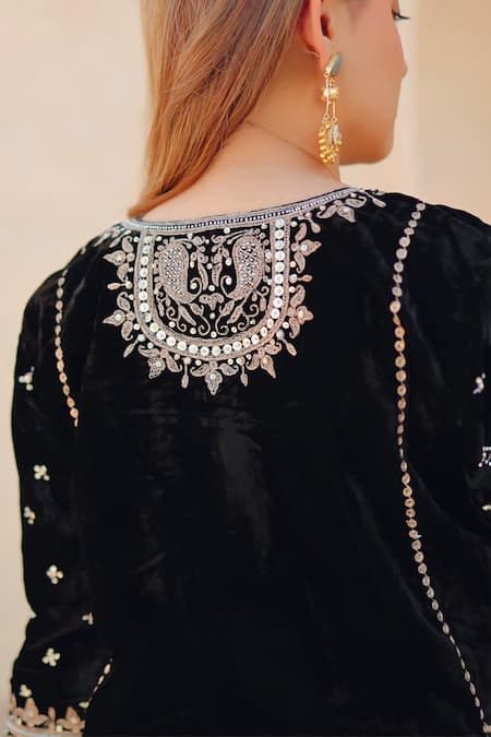 Shop Sheetal Batra Black Silk, Velvet Embroidery, Stones Round Neck Kurta And Salwar Set at Aza Fashions Shop_Sheetal Batra_Black Silk, Velvet Embroidery, Stones Round Neck Kurta And Salwar Set _at_Aza_Fashions