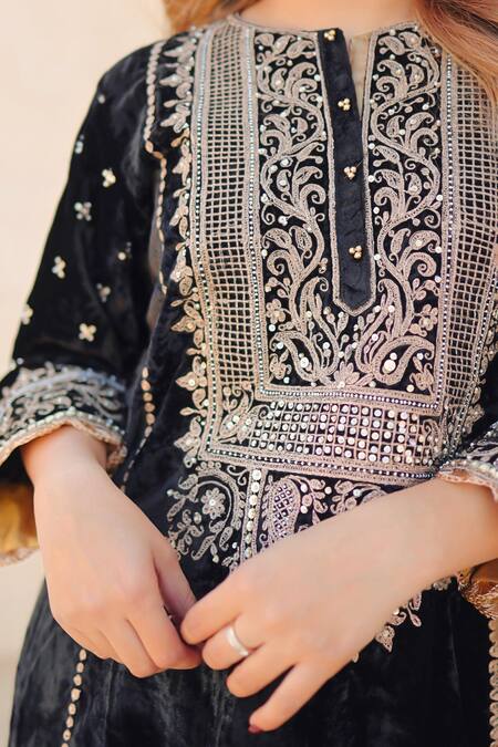 Buy Sheetal Batra Black Silk, Velvet Embroidery, Stones Round Neck Kurta And Salwar Set Online at Aza Fashions Buy_Sheetal Batra_Black Silk, Velvet Embroidery, Stones Round Neck Kurta And Salwar Set _Online_at_Aza_Fashions