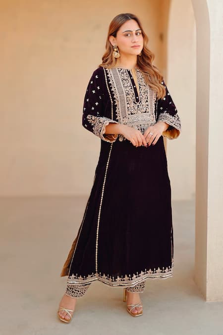 Sheetal Batra Wine Silk Velvet Embroidered Kirandori Round Marya Kurta And Salwar Set 