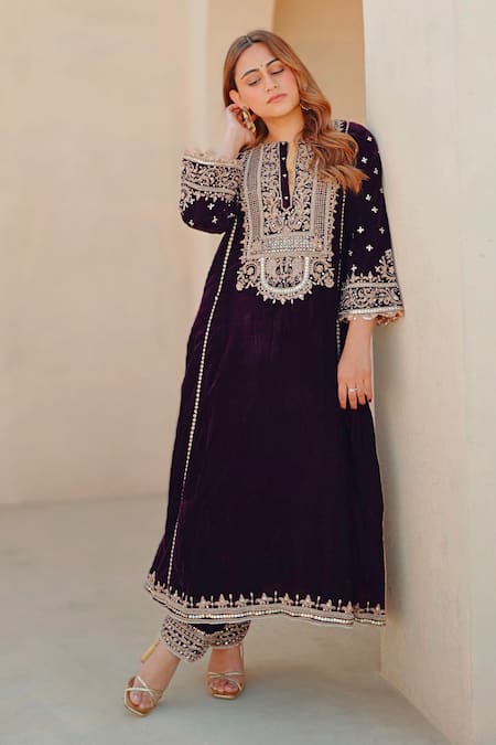 Shop Sheetal Batra Wine Silk, Velvet Embroidery Round Neck Kirandori Kurta And Salwar Set at Aza Fashions Shop_Sheetal Batra_Wine Silk, Velvet Embroidery Round Neck Kirandori Kurta And Salwar Set _at_Aza_Fashions